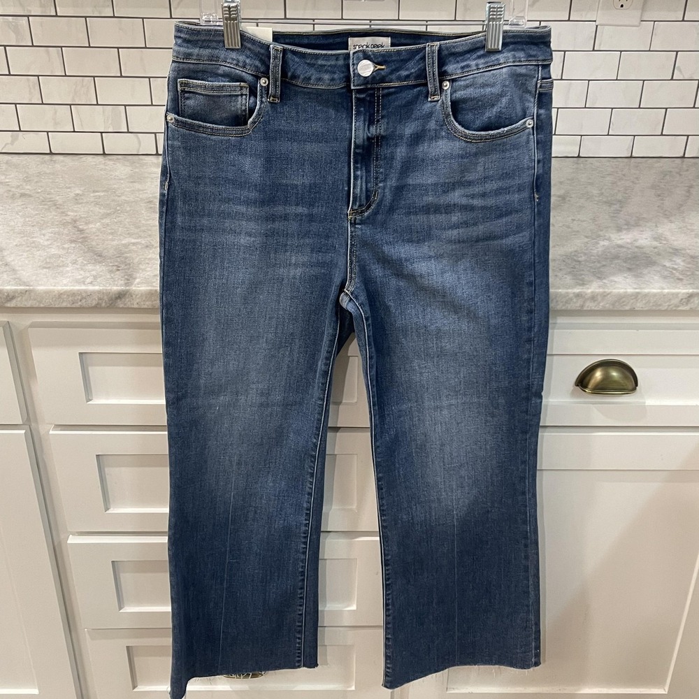 Sneak Peek Jeans Womens 32 Blue High Rise Kick Flare Cropped Raw Hem Denim